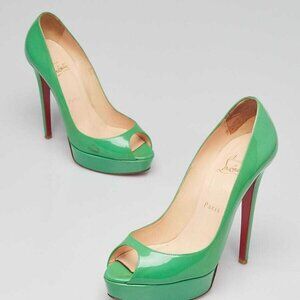 Christian Louboutin Green Patent Leather Lady Peep Platform Peep Toe Pumps